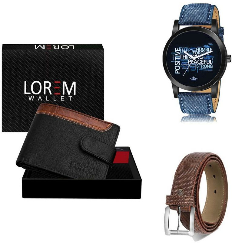LOREM Belt, Wallet & Watch Combo  (Black, Brown, Blue)