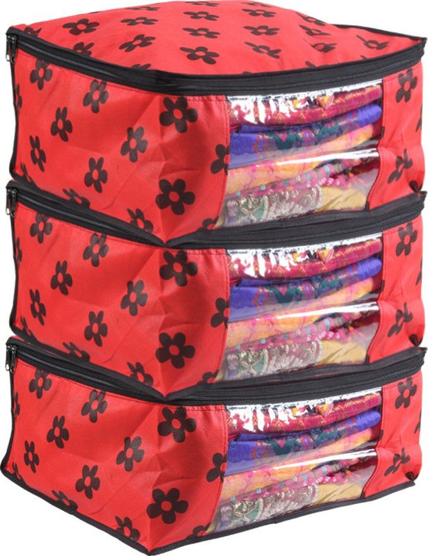 PRETTY KRAFTS Saree Cover Saree Cover Set of 3 Large Flower Prints F1291_Red3  (Red)
