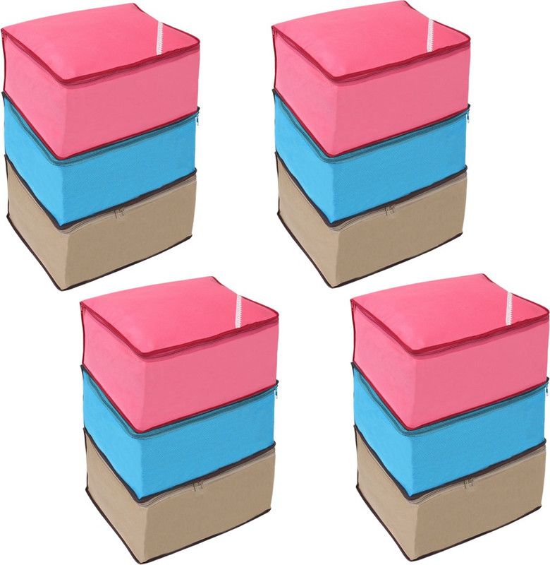 PrettyKrafts Saree orgonizer Saree Storage Bag With Zip, Wardrobe Organiser, Clothes Cover & Storage shopsy_F1293_Pink_Blue_Beige12_PK  (Pink, Blue, Beige)