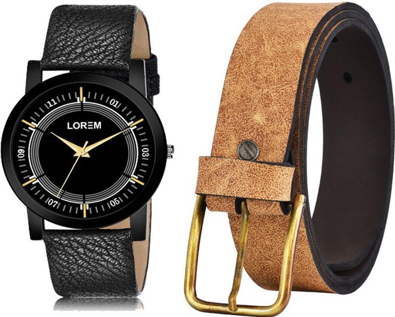 LOREM Watch & Belt Combo  (Beige, Black)