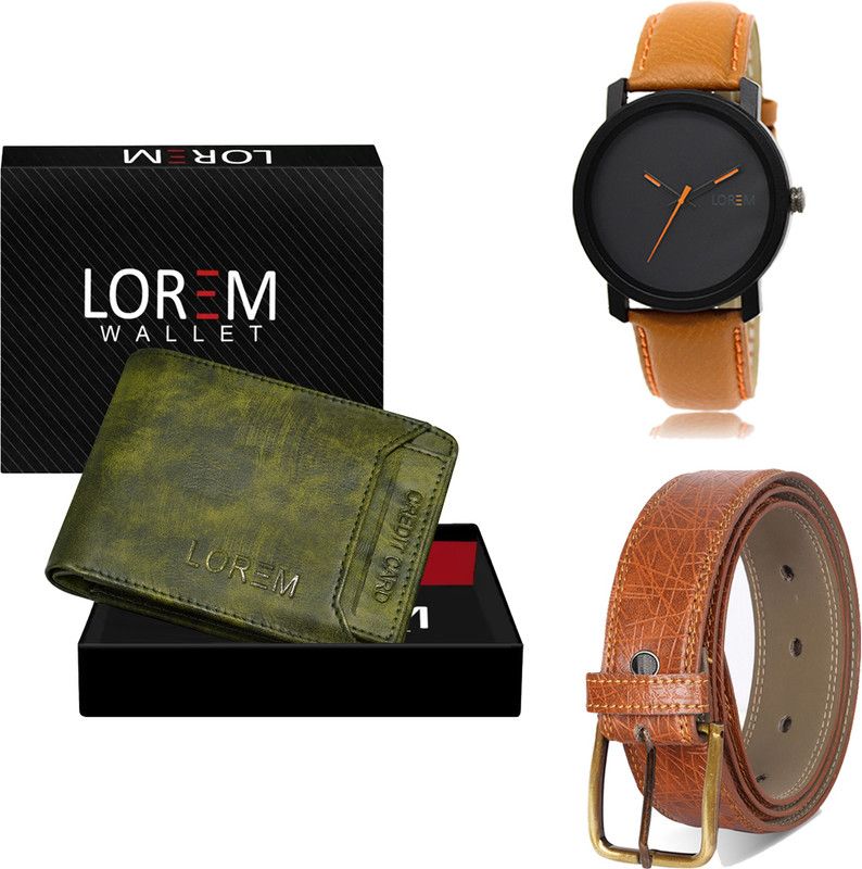 LOREM Belt, Wallet & Watch Combo  (Green, Tan, Orange)