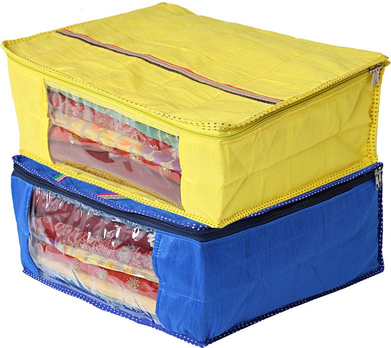 KUBER INDUSTRIES Saree cover 2 Pieces Raw Silk Saree Cover Wardrobe Organizer (Blue & Yellow)-CTKTC2852 CTKTC02852  (Multicolor)