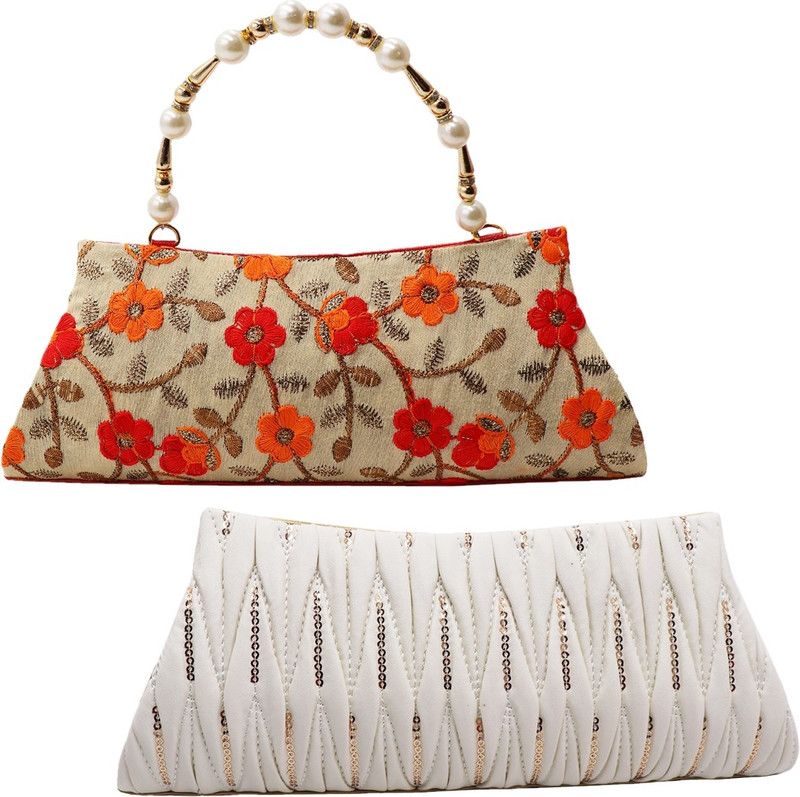 Sports, Party, Formal, Casual White, Orange Clutch - Regular Size  (Pack of: 2)