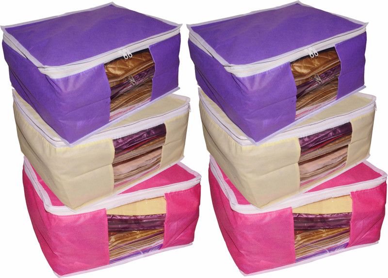 Ajabh High Quality Combo deal Large 10 inch bridal 2pc Pink saree cover 2pc purple sari cover and 2pc cream saree box gift organizer bag vanity pouch Capacity 10-15 Units Saree Each Keep saree/Suit/Travelling Pouch  (Pink, Cream, Purple)