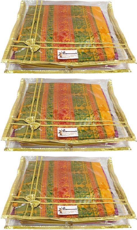 Shree Shyam Products Transparent Golden Bow 2 Inch Saree Cover Set of 3 PCS Capacity of 2 Sarees (SS-213_GOLD_3 PCS)  (Gold)