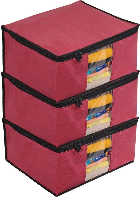 PrettyKrafts Saree Cover Set of 3 Large/Jute Finish/Wardrobe Organiser/Clothes Bag_ Large F1560_Maroon3  (Maroon)