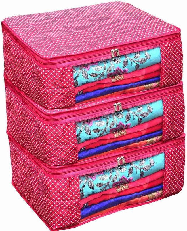 Tiarakrafts 3 Presents 2 Layered Cotton Quilted Large Saree Cover Storage Bag Pack of 3  (Pink)