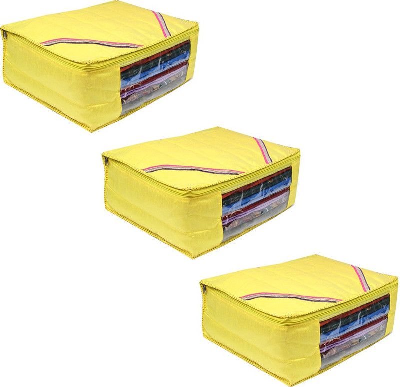 PrettyKrafts Saree orgonizer Silk fabric with foam quilted saree cover wardrobe organizer shopsy_F1522_Yellow3  (Yellow)
