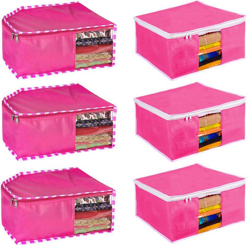 PrettyKrafts 3 Saree Cover & 3 Blouse Cover Fabric Clothes Organizer Combo F1771_BC_SC_PL_Pink6  (Pink)