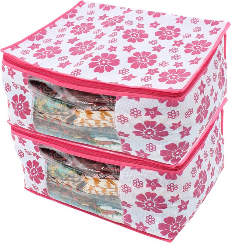 BBR Designer Non Woven Fabric Saree Cover and Blouse Cover Large Storage Bags, Cloth Organizer with Transparent Window Pack of 2 white  (Pink, White)