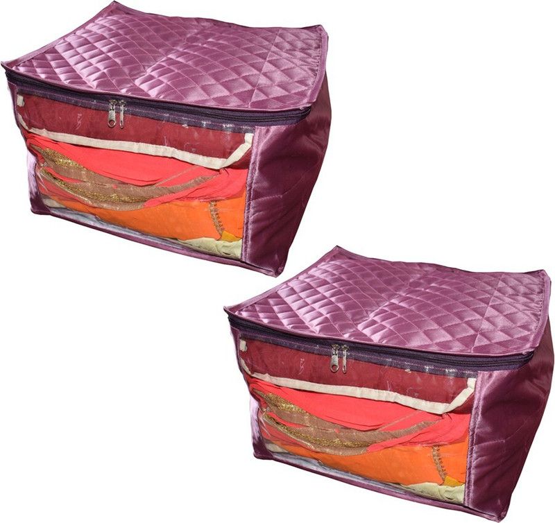 Aadhya Designer Extra Large 10 Inch Saree Cover Quilted Satin set of 2 Pcs Wedding Collection (Purple)  (Purple)
