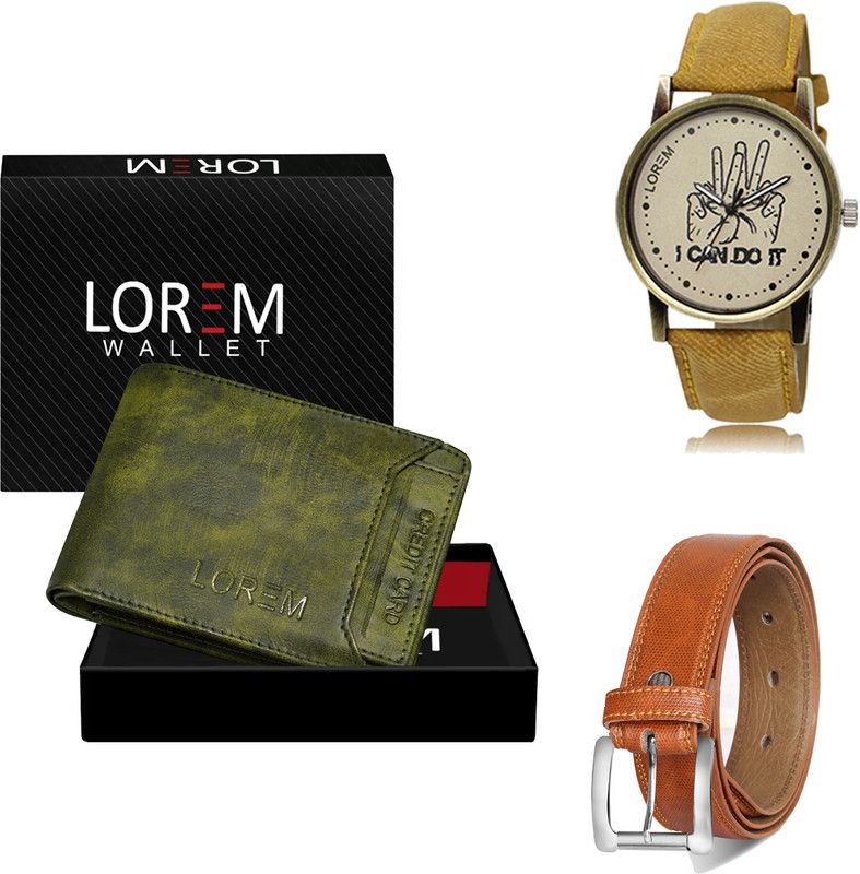 LOREM Belt, Wallet & Watch Combo  (Green, Tan, Yellow)