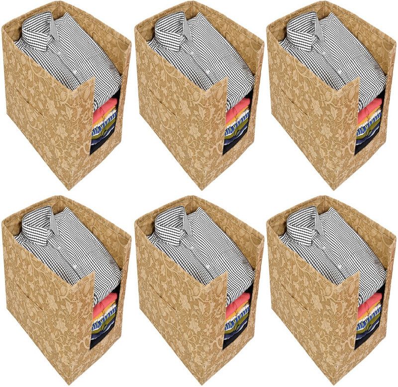 KUBER INDUSTRIES Designer Metallic Print 6 Pieces Non Woven Shirt Stacker/Shirt Organizer Wardrobe Organizer (Beige)-KUBMART1646 KUBMART01646  (Beige)