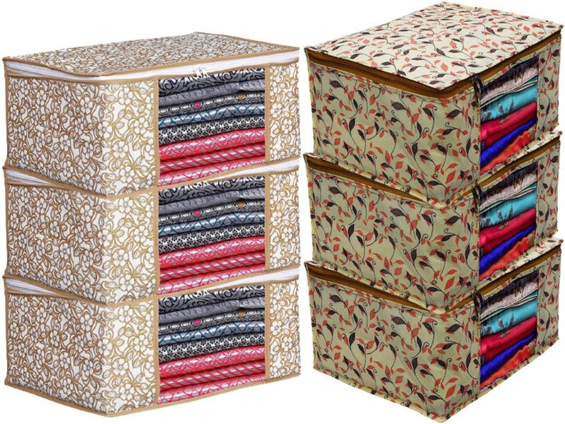 ANNORA INTERNATIONAL 6 Pieces Non Woven Beige Best Quality Saree Cover/ Saree Bag Transparent window Wardrobe Organizer Designer Cover Dual Zipper Cloth Cover/ Saree Organizer 90 GSM Storage Box  (Beige)