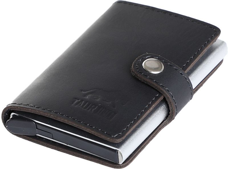 Men Silver Genuine Leather RFID Card Holder - Mini  (10 Card Slots)