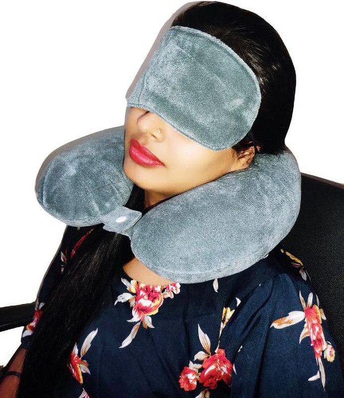 Velvet Neck Pillow With Sleeping Eye Mask Combo for Road Trips & Flights - Grey Neck Pillow & Eye Shade  (Grey)