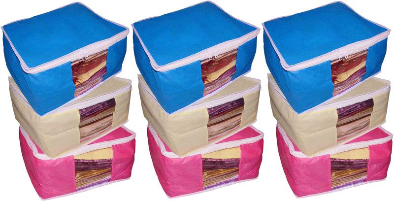Ajabh High Quality Combo deal Large 10 inch bridal 3pc Pink saree cover 3pc blue sari cover and 3pc cream saree box gift organizer bag vanity pouch Capacity 10-15 Units Saree Each Keep saree/Suit/Travelling Pouch  (Pink, Cream, Blue)