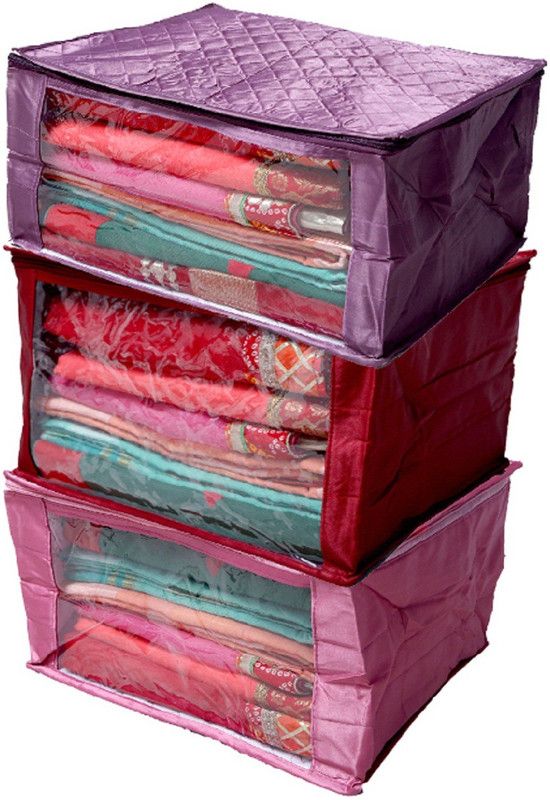 KUBER INDUSTRIES Designer Saree Cover Extra Large Size Quilted Satin set of 3 Pcs (Maroon, Purple & Pink) KISSCSATINSCS31  (Multicolor)