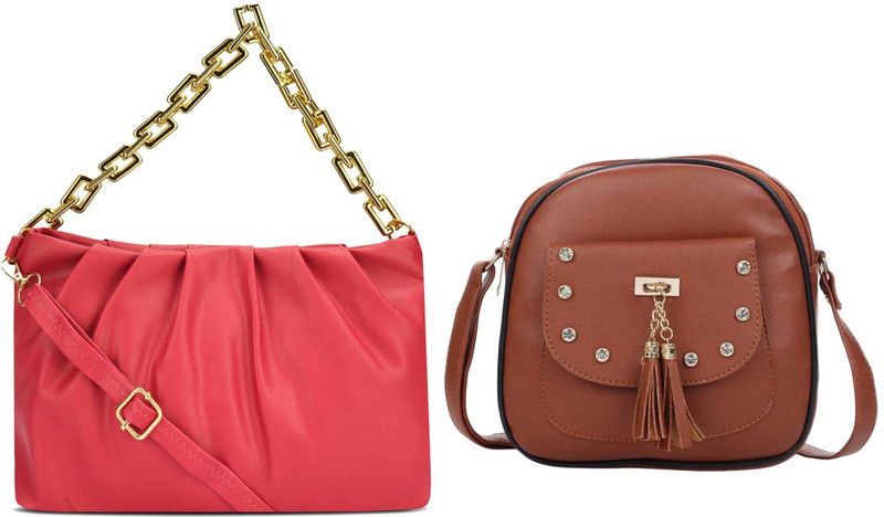 Red, Brown Sling Bag HB-99-red-gldn-chain+brwn-vellori-sider-bag-cmbo  (Pack of 2)
