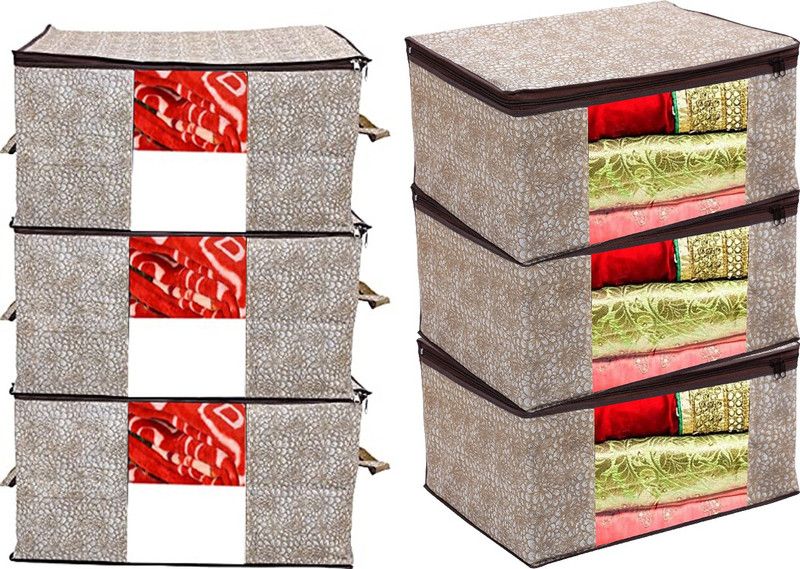 Ganpati Bags Garment Cover 3 Pieces Saree Cover And 3 Pieces Underbed Storage Bag, Cloth Organizer For Storage, Blanket Cover Combo Set (Gold & Brown) Ganpati Mart-333  (Gold and Brown)