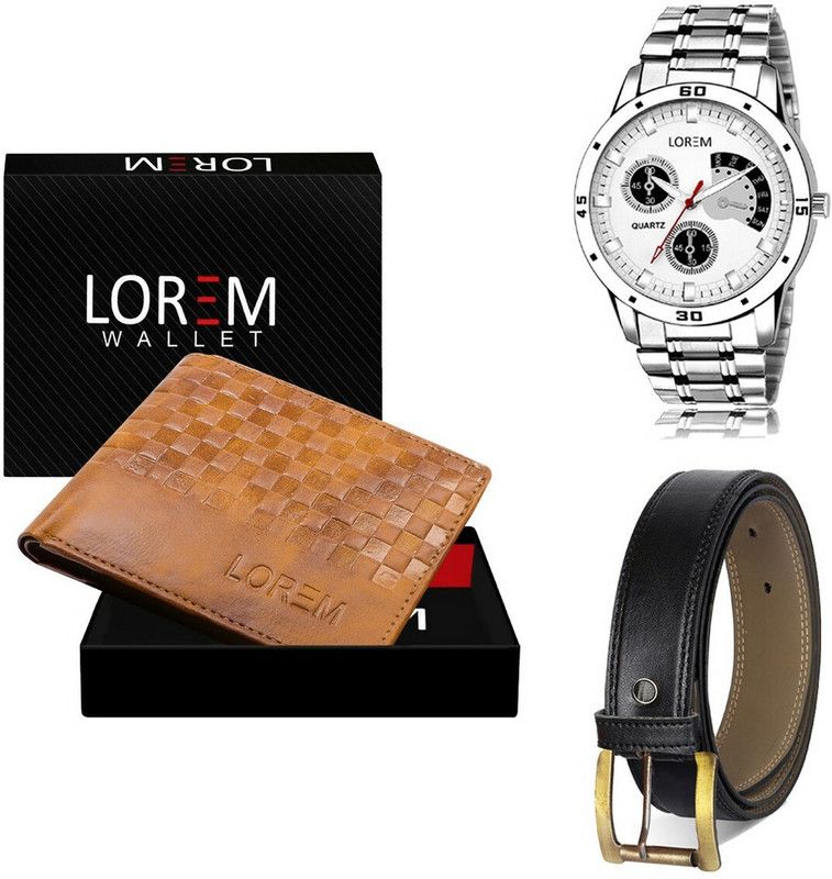 LOREM Belt, Wallet & Watch Combo  (Beige, Black, Silver)