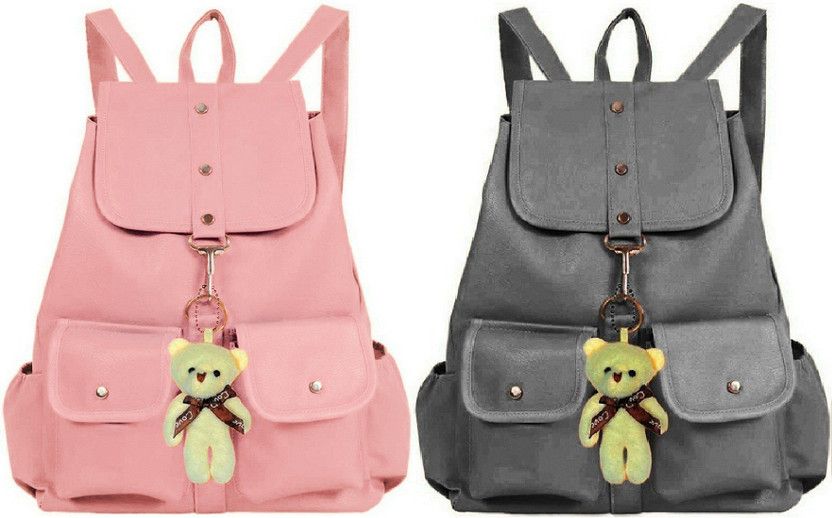 Small 8 L Backpack Latest new Trend Attech With Teddy Women Pu Leather Office Backpack School Bag Student Backpack Women Travel Bag Collage Bag Tution Bag Casual Bag  (Pink, Grey)