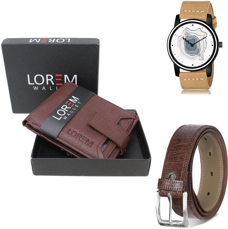 LOREM Belt, Wallet & Watch Combo  (Maroon, Brown, Beige)