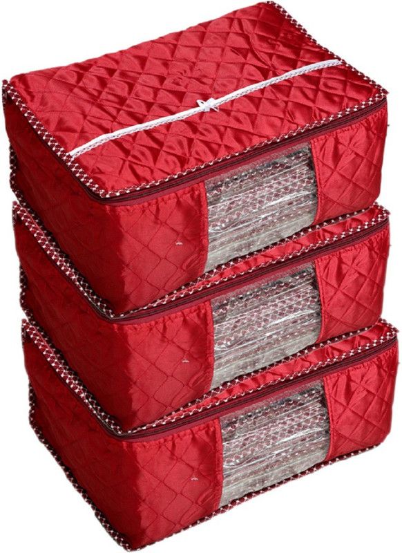 KUBER INDUSTRIES Designer 3 Layered Quilted Maroon Saree Cover Set Of 3 Pcs (10-15 Sarees Capacity) (K0403) QuiltedS003  (Maroon)