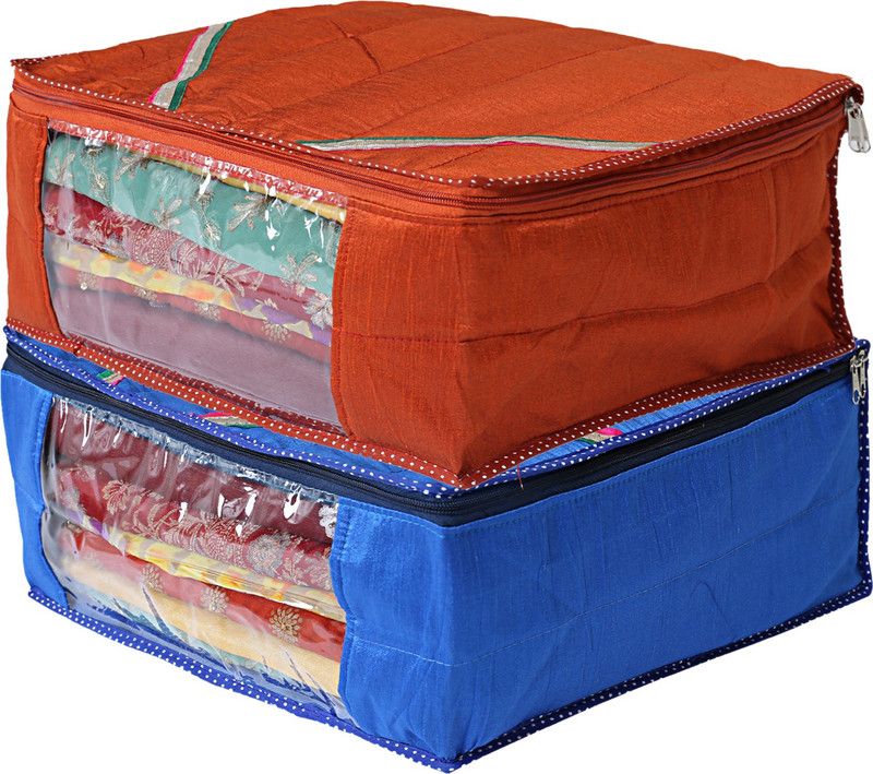 KUBER INDUSTRIES Saree Cover 2 Pieces Raw Silk Saree Cover Wardrobe Organizer (Blue & Red) CTKTC03253  (Multicolor)