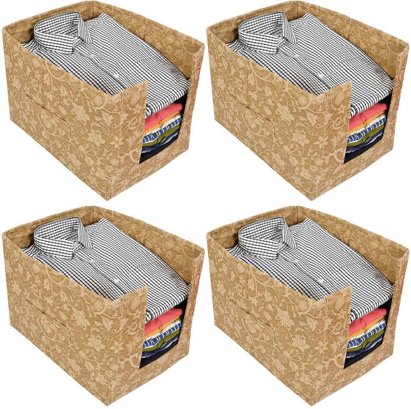 KUBER INDUSTRIES Designer Metallic Print 4 Pieces Non Woven Shirt Stacker/Shirt Organizer Wardrobe Organizer (Beige)-KUBMART1644 KUBMART01644  (Beige)
