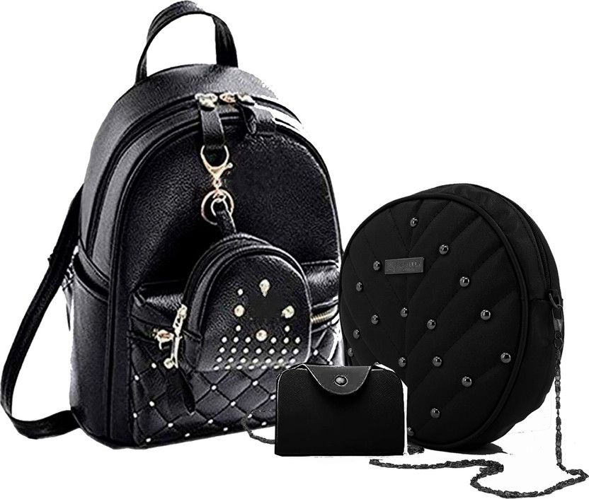 Small 12 L Backpack Cute Backpack with Round Slinng Bag/Purse for Women (Set of 3)  (Black)