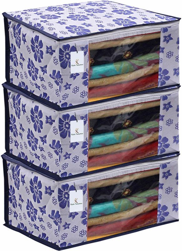 KUBER INDUSTRIES Flower 3 Piece Non Woven Saree Cover Set, Royal Blue,Large Size EW0167  (Royal Blue)