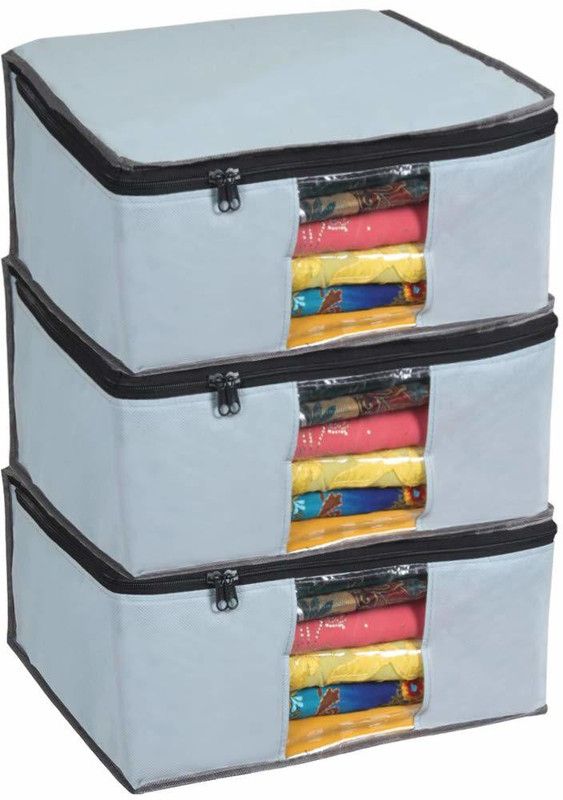 Saree and suit organiser Non Woven /Saree Organizer Wardrobe Organizer (grey) Saree cover Nonwoven Grey 3pcs  (Grey)