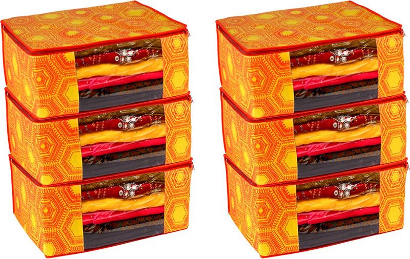 AARON INC Non-Woven Present High-Quality Trendy Saree Cover Storage Bag For Wardrobe Organizer Clothes Cover Garments Storage bags-Big in size Orange hexagonal Pack of 6  (Orange)