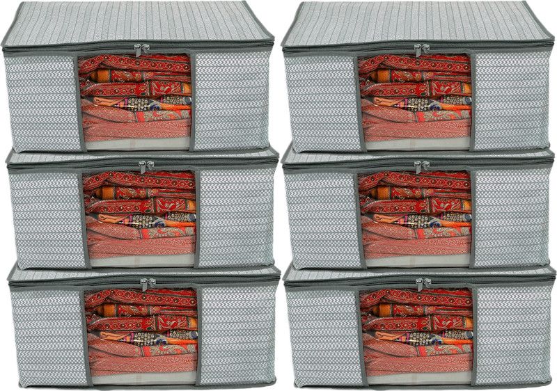BJIK clothes saree cover Saree Cover Bag Non Woven Saree Cove Best Stitching and High Quality Pack of 6 Grey Saree Cover bag Heavy GSM Fabric non woven fabric  (Grey, White)