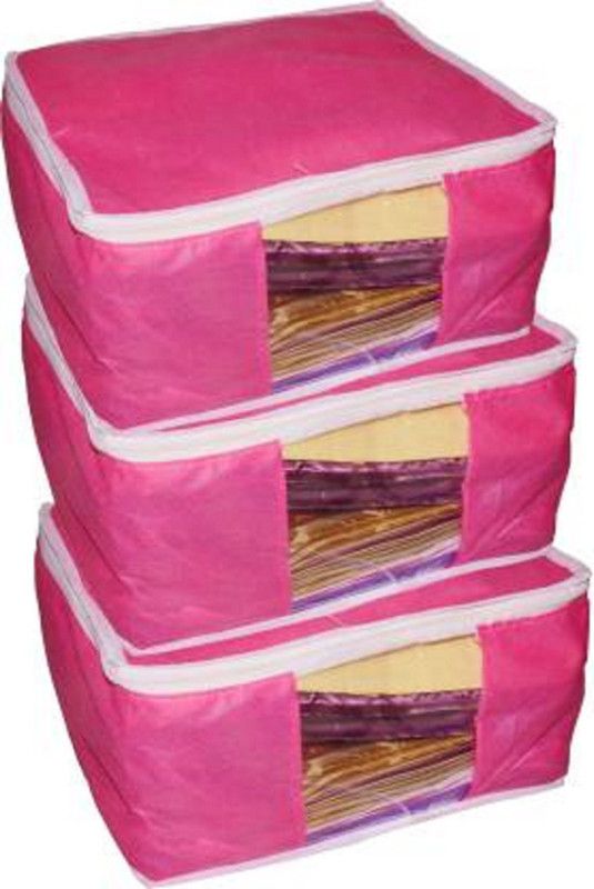 ultimatefashionista saree cover High Quality Pack of 3 Non Woven 10inch Designer Height Saree Cover Gift Organizer bag vanity pouch Keep saree/Suit/Travelling Pouch (Pink) 3pc saree cover 9inch(pink)  (Pink)