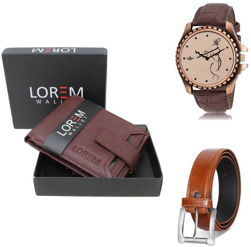 LOREM Belt, Wallet & Watch Combo  (Maroon, Orange, Brown)