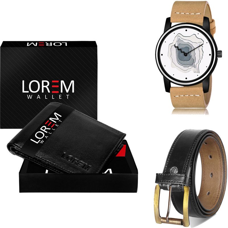 LOREM Belt, Wallet & Watch Combo  (Black, Black, Beige)