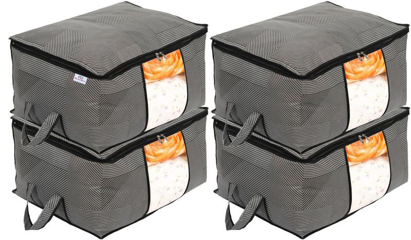 Heart Home Underbed Storage Bag Non-Woven Lining Print Blanket Cover|Clothes Organizer With Transparent Window, Zipper Closure & Handle, Set of 4 (Gray, Extra Large)  (Gray)