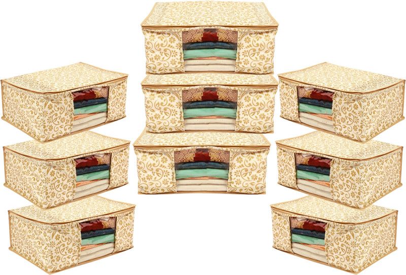 PENADIA 9 Piece Golden Printed Non Woven Fabric Saree Cover Clothes Organizer For Wardrobe Set with Transparent Window And Zipper Closer  (Golden)