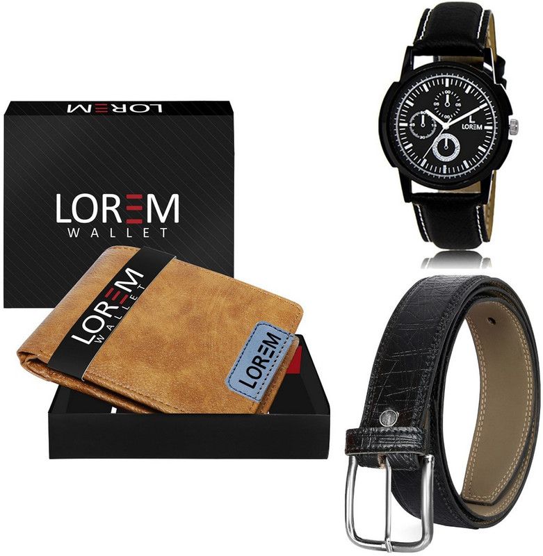 LOREM Belt, Wallet & Watch Combo  (Beige, Black, Black)