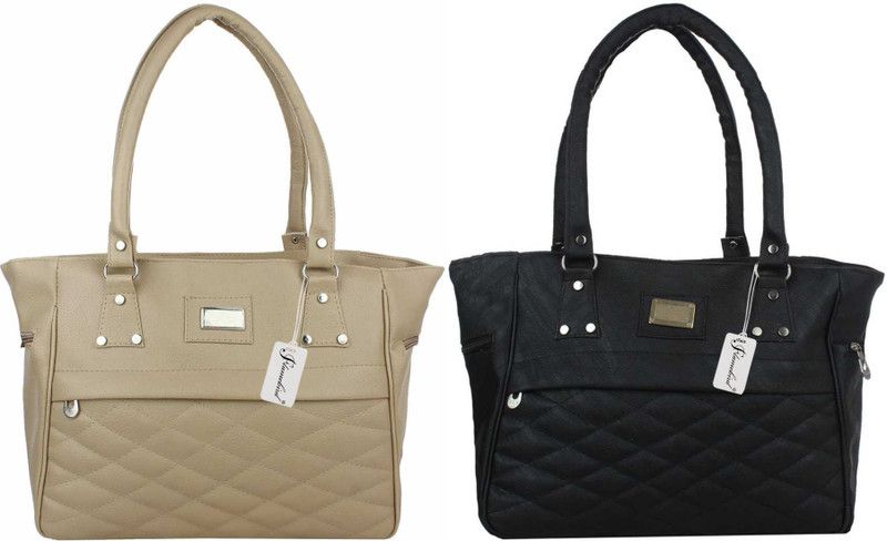 Women Beige, Black Hand-held Bag - Extra Spacious  (Pack of: 2)