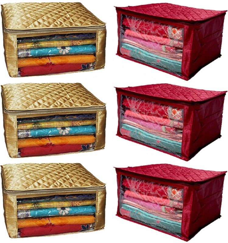 KUBER INDUSTRIES Designer " Extra Large Saree Cover Quilted Satin set of 6 Pcs (Maroon & Golden) Wedding Collection " SSATTIINP103  (Multicolor)