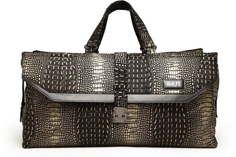 44.33 L Hand Duffel Bag - Unisex Gold-Toned & Black Croc-Textured Leather Duffel Bag - Gold - Large Capacity