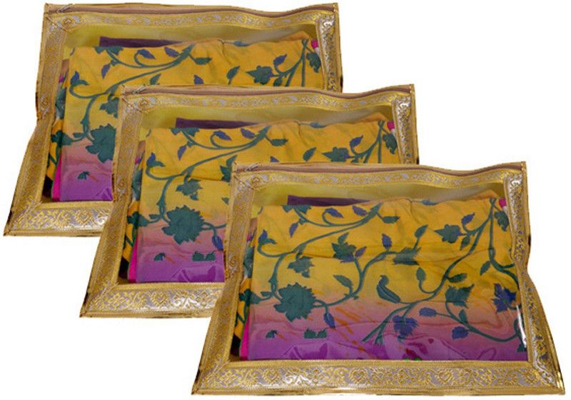 PRETTY KRAFTS Saree Cover Single (Set of 3) with lace Borders, Saree Organiser,Clothes Packing Cover, Keep Sarees Safe_Blue Saree Cover B1137_GoldenYellow3  (GoldenYellow)