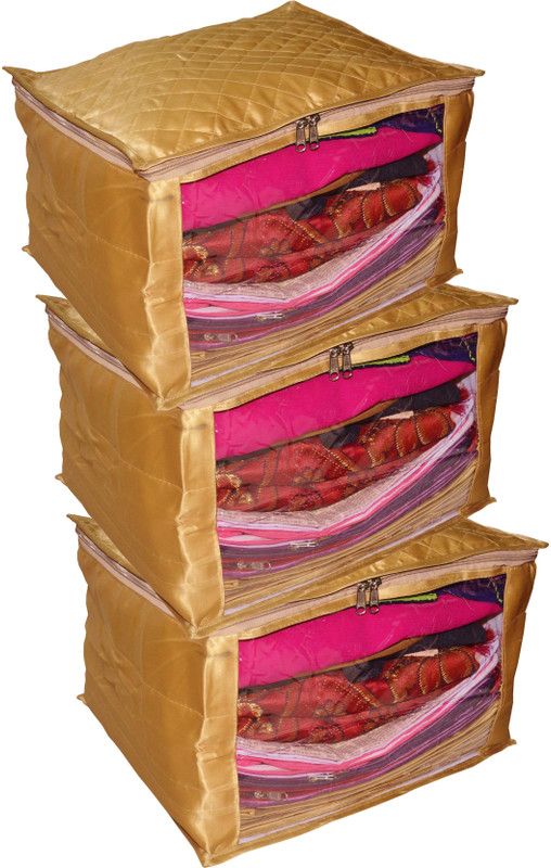 Ajabh High Quality Pack of 3 Satin 9inch Designer Large Saree Cover Gift Organizer bag vanity pouch Keep saree/Suit/Travelling Pouch  (Golden)