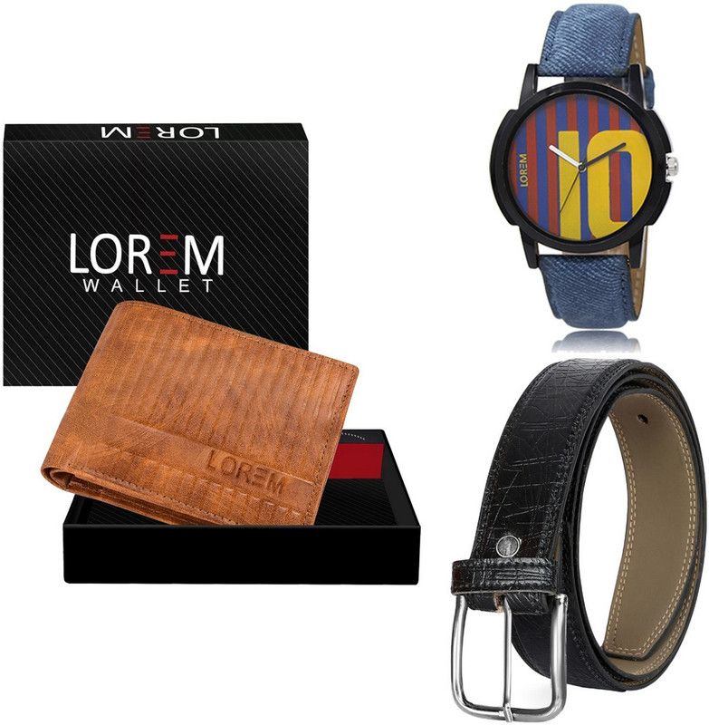 LOREM Belt, Wallet & Watch Combo  (Beige, Black, Blue)