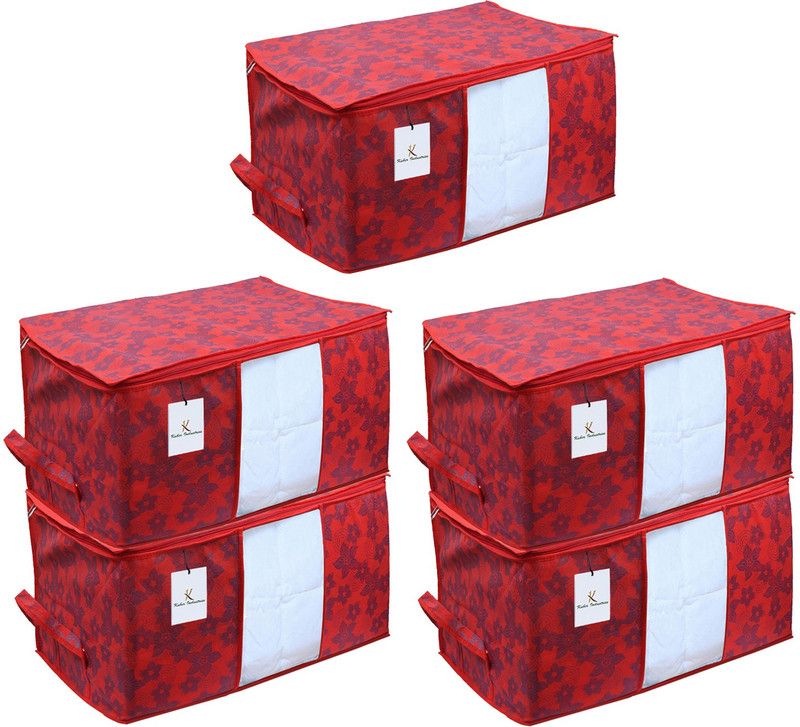 KUBER INDUSTRIES Metalic Flower Underbed Storage Bag,Storage Organiser,Blanket Cover Set of 5 Pc CTKNEW358 CTKNEW0358  (Maroon)