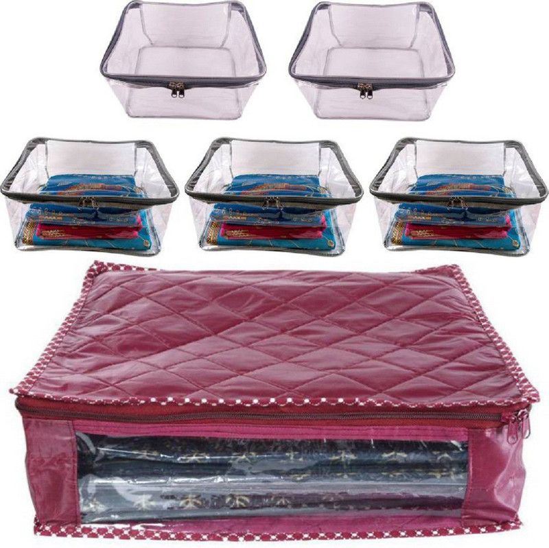 ultimatefashionista garment cover combo pack of 4 tranparent saree cover 10-15 capacity garment cover saree cover set pouches bag 4greytrans1parachutsareecovermaroon  (grey,maroon)