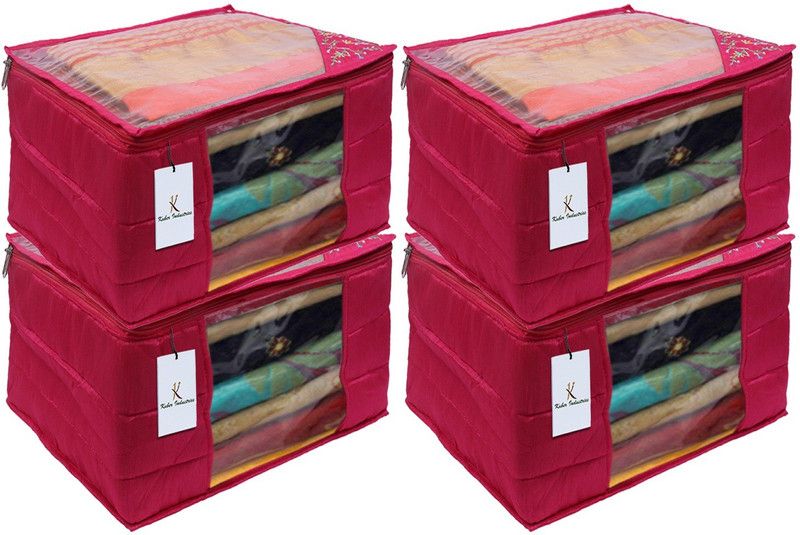 KUBER INDUSTRIES Embroidry Design 3 layered Quilted Silk 4 Pieces Saree Cover (Pink) -CTLTC10635 CTLTC010635  (Pink)